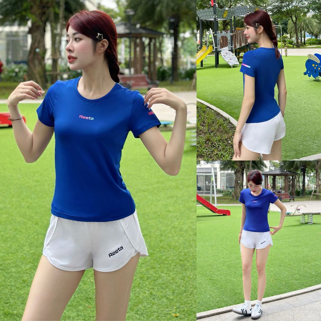 Áo Thể Thao Nữ Ngắn Tay Cổ Tròn Tập Gym Cầu Lông Chạy Bộ Yoga Reeta,Vải Co Giãn 4 Chiều Thấm Hút Mồ Hôi-A2296