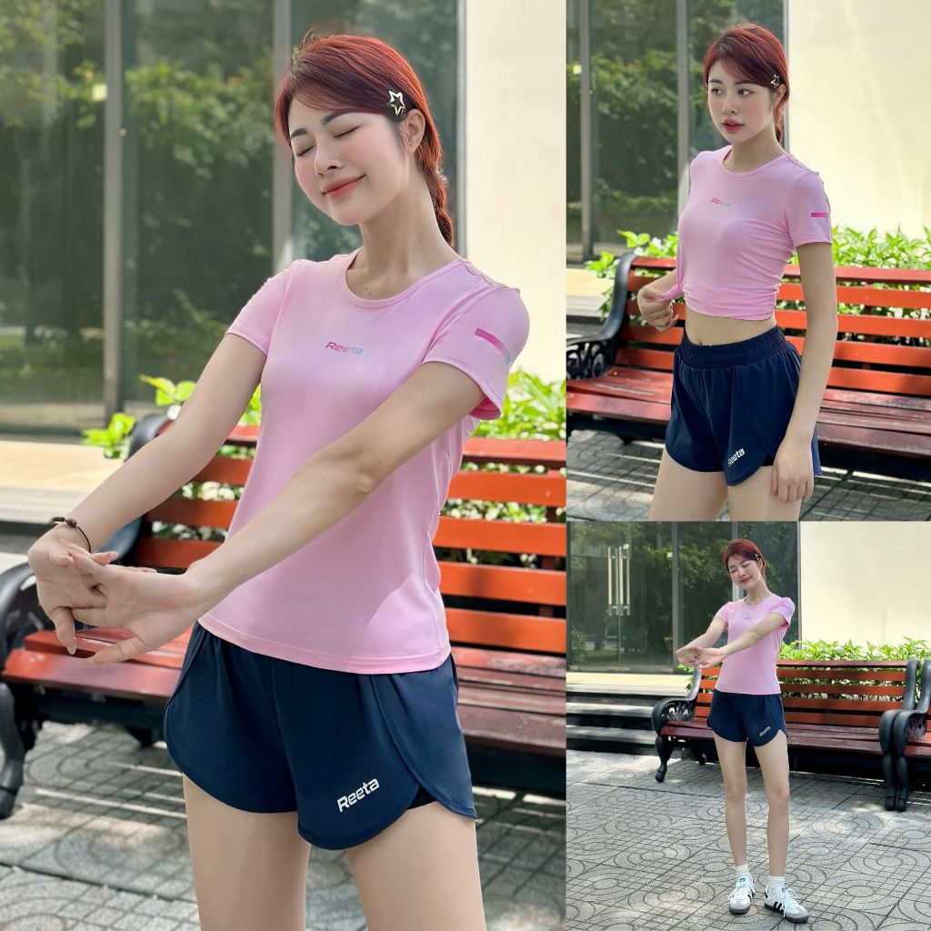 Áo Thể Thao Nữ Ngắn Tay Cổ Tròn Tập Gym Cầu Lông Chạy Bộ Yoga Reeta,Vải Co Giãn 4 Chiều Thấm Hút Mồ Hôi-A2296