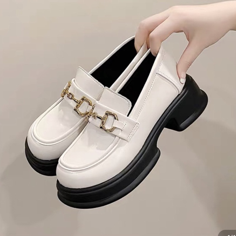 Giày da nữ quai xích cao cấp cá tính, Giày MOCA nữ búp bê đế độn tiểu thư