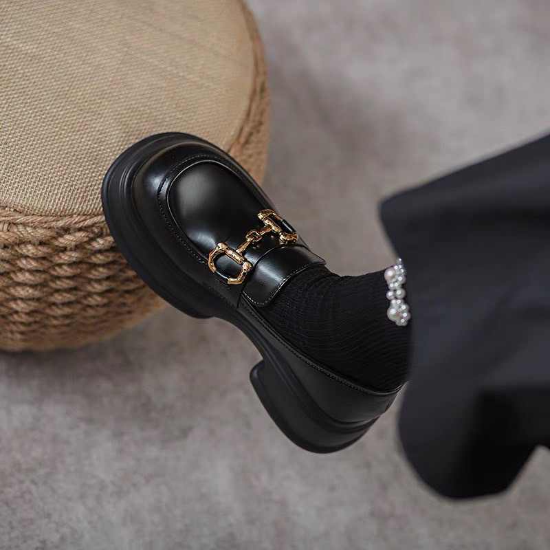Giày da nữ quai xích cao cấp cá tính, Giày MOCA nữ búp bê đế độn tiểu thư