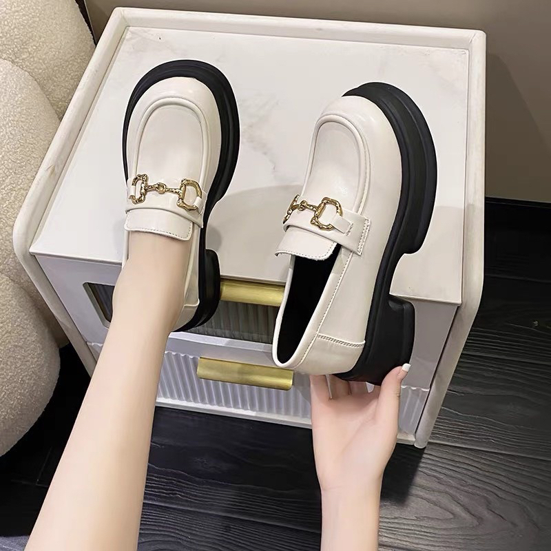 Giày da nữ quai xích cao cấp cá tính, Giày MOCA nữ búp bê đế độn tiểu thư