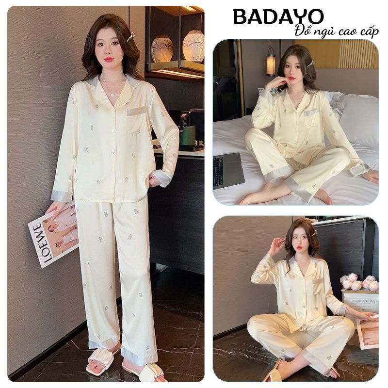 Đồ ngủ nữ bộ pijama dài tay lụa mặc nhà in hoa tiết gấu dễ thương sang chảnh BADAYO
