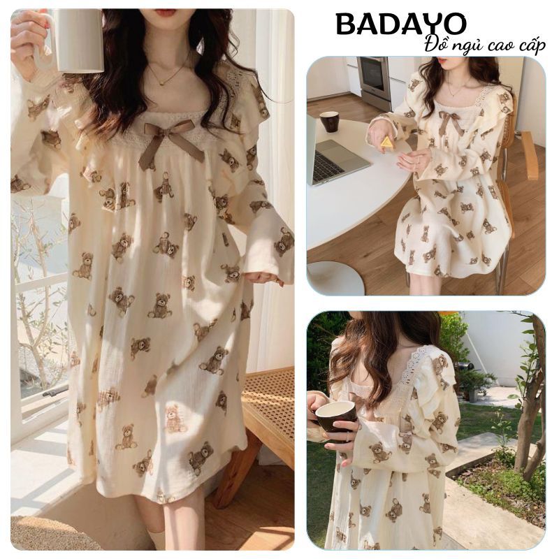 Váy ngủ đầm ngủ tiểu thư dài tay cổ thắt nơ nhẹ nhành xinh xắn dễ thương BADAYO