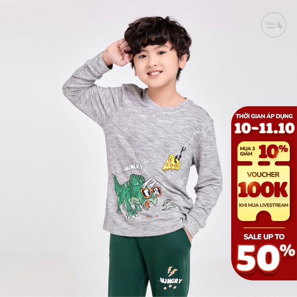 Đồ thun dài tay cho bé trai BIGFOX - MISS MEOW size đại, bộ quần áo thu đông cho bé in Khủng long cỡ 3-11 tuổi 12-43kg