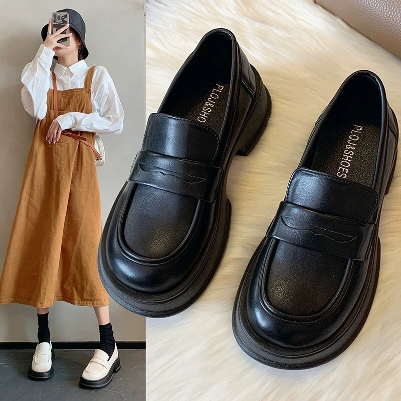 Giày loafer nữ đế độn cao cấp, Giày búp bê nữ lolita mũi vuông chất da mềm êm chân