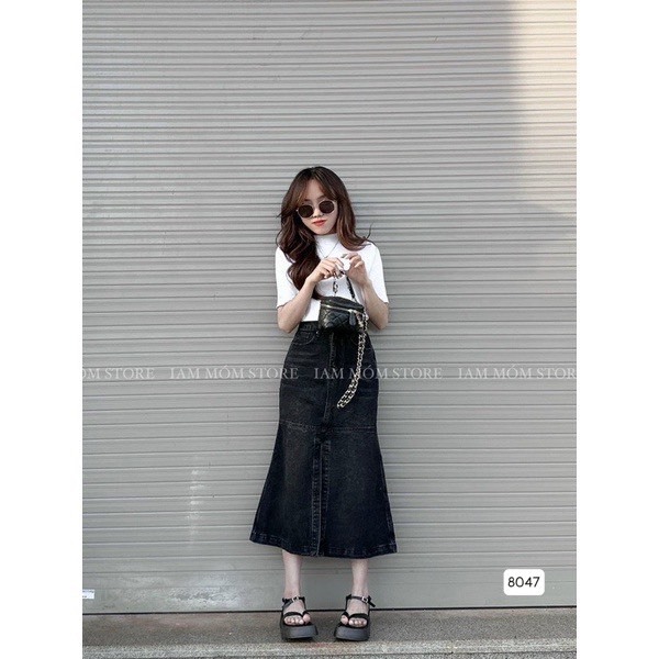 Chân Váy Jean Đuôi Cá Nữ Dáng Dài Qua Gối Xẻ Tà Trước Cạp Cao Chất Bò - 312