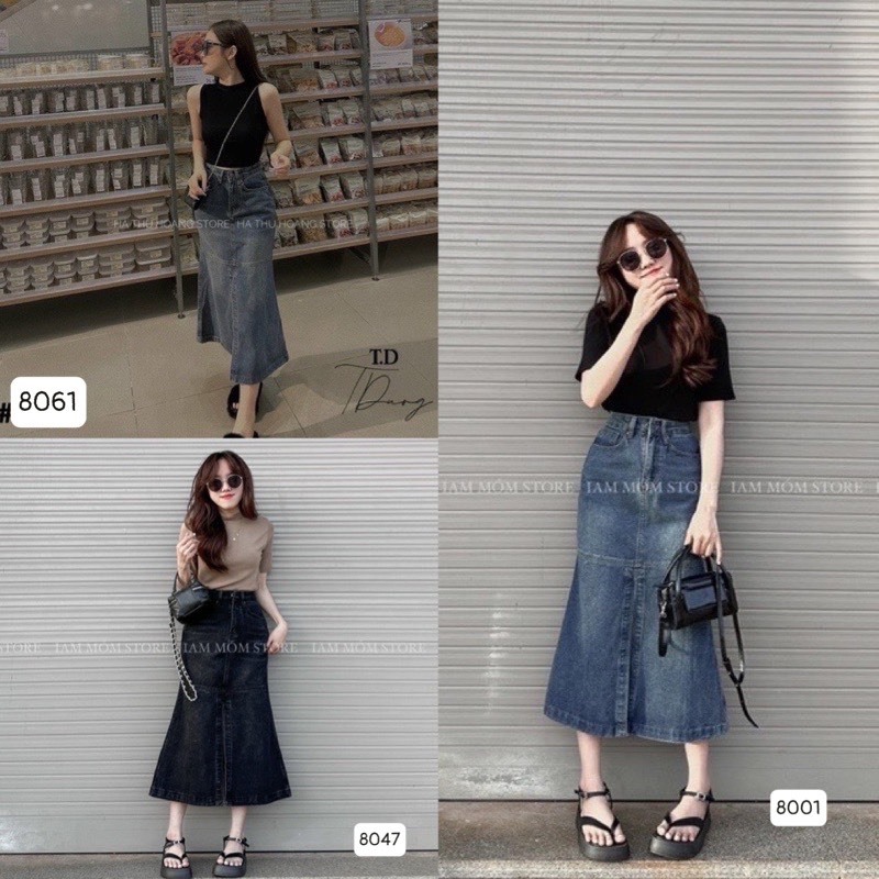 Chân Váy Jean Đuôi Cá Nữ Dáng Dài Qua Gối Xẻ Tà Trước Cạp Cao Chất Bò - 312