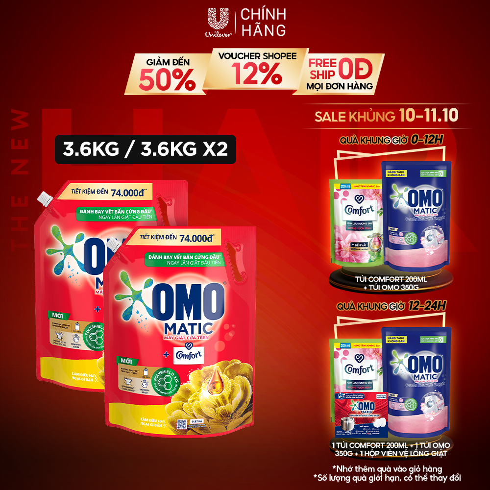 Combo 2 Túi Nước giặt OMO Matic chuyên dụng Cửa Trên 3.6kg/túi