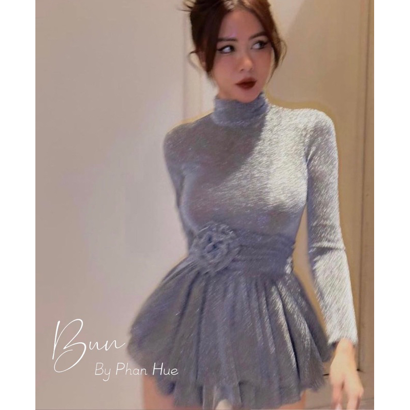 Đầm Nữ Body Cổ Lọ Tay Dài Phối Hoa Eo Dự Tiệc Siêu Xinh, Đầm body nhũ cổ lọ dài tay , Váy body giữ nhiệt cổ lọ