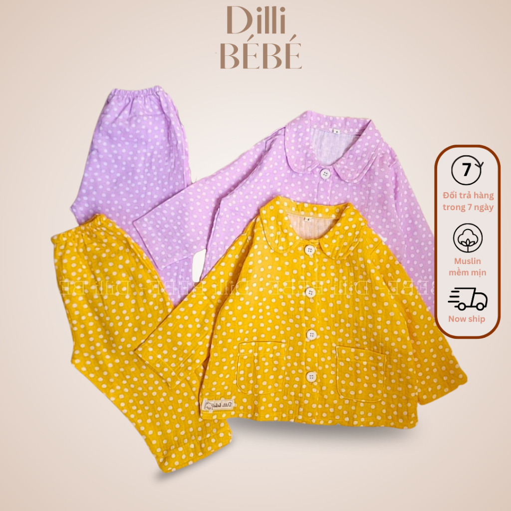 Bộ Đồ Pijama ngủ bé gái cổ bèo chấm bi vàng tím vài xô muslin cao cấp - Dilli Bebe