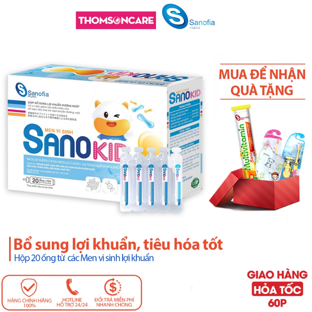 Men vi sinh Sanokid - Bổ sung lợi khuẩn đường ruột, ngăn ngừa tình trạng tiêu chảy, phân sống - Hộp 20 ống Thomsoncare