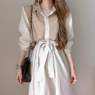 (ORDER) Váy sơ mi dài tay thắt nơ eo, phối  2 màu style Hàn Quốc nhẹ nhàng