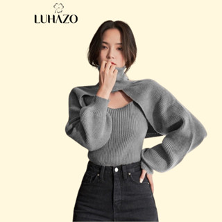 Set áo len tăm tay dài croptop LUHAZO cổ lọ khoét ngực kèm áo kiểu tay bồng kèm ba lỗ phong cách bánh bèo tiểu thư H-3
