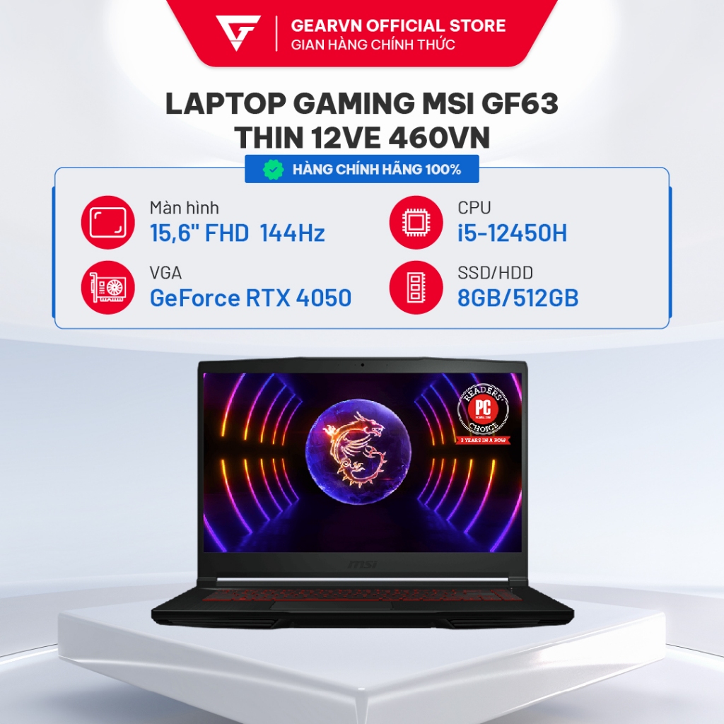 Laptop gaming MSI GF63 Thin 12VE 460VN (i5-12450H/ 4050 6GB/ 8GB/ 512GB SSD)