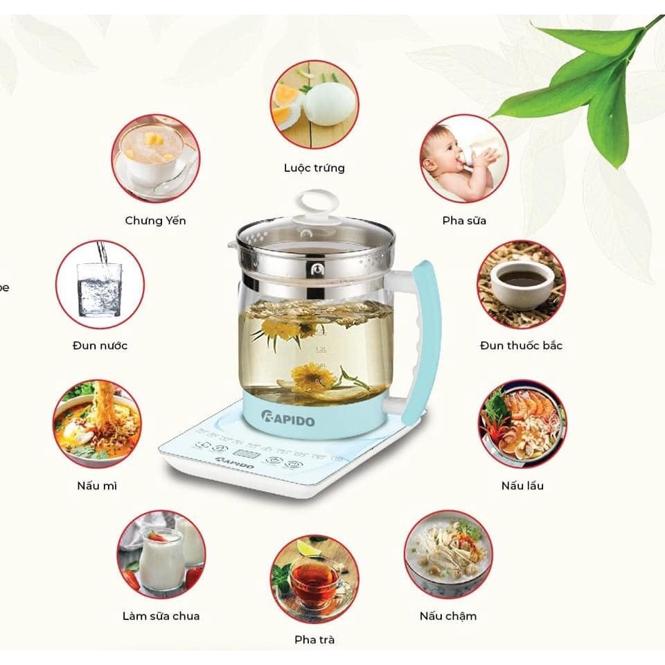 Bình thủy tinh đun siêu tốc Vie-melody dung tích 1,8L (28 chức năng) - nấu cháo, đun nước, pha trà, lẩu... tiện dụng