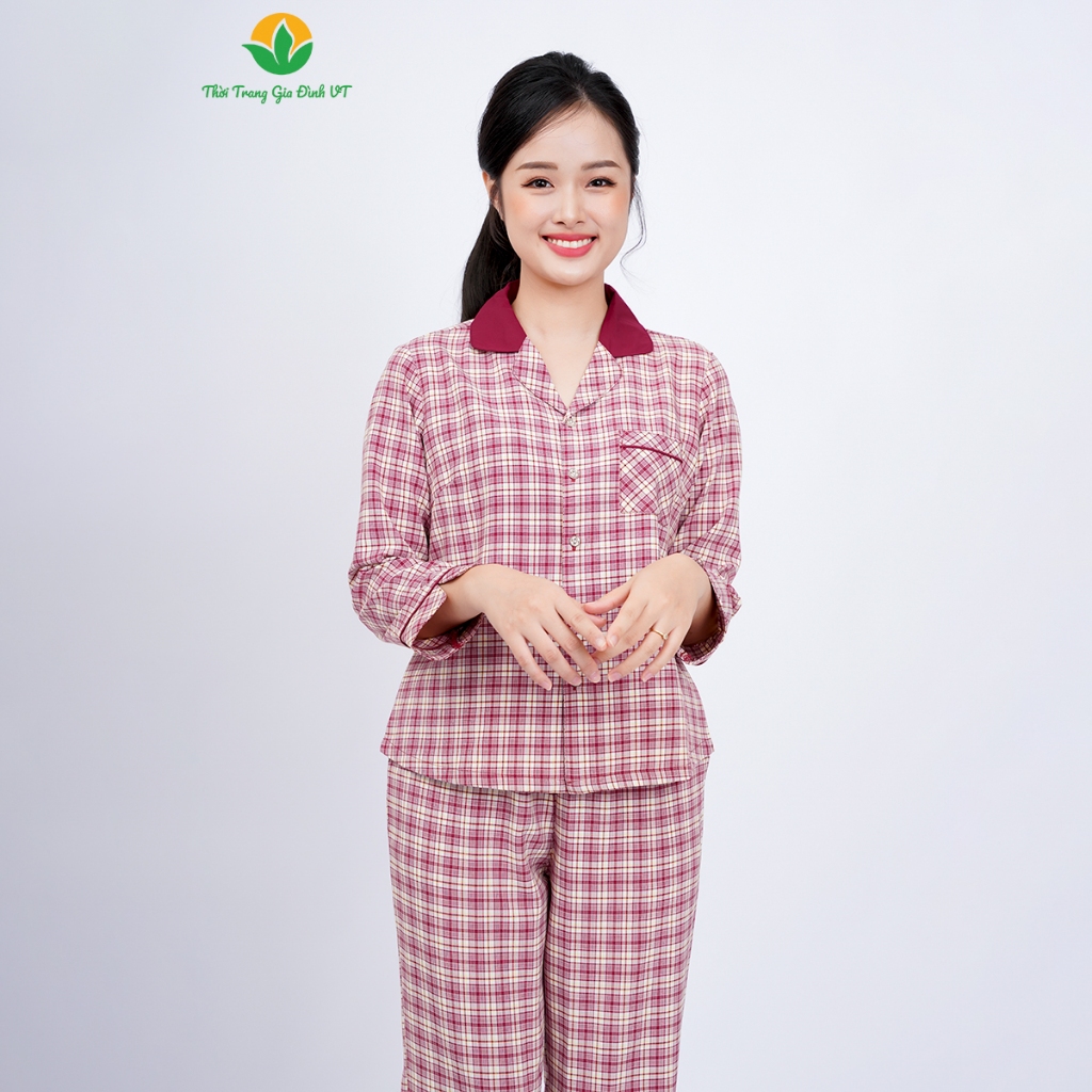 Bộ đồ mặc nhà Pijama nữ chất Poly thời trang Việt Thắng quần dài, áo dài tay cổ phối - B50.2326