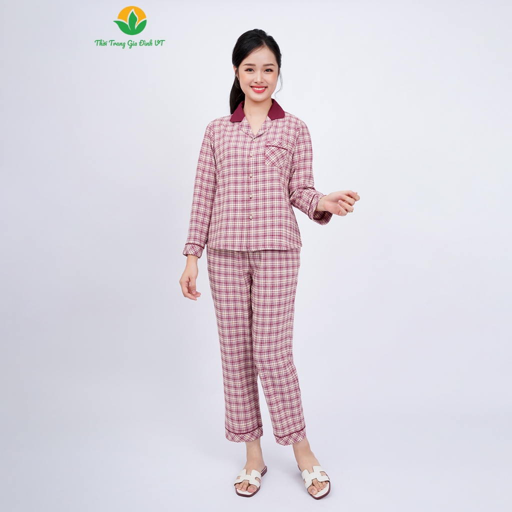 Bộ đồ mặc nhà Pijama nữ chất Poly thời trang Việt Thắng quần dài, áo dài tay cổ phối - B50.2326