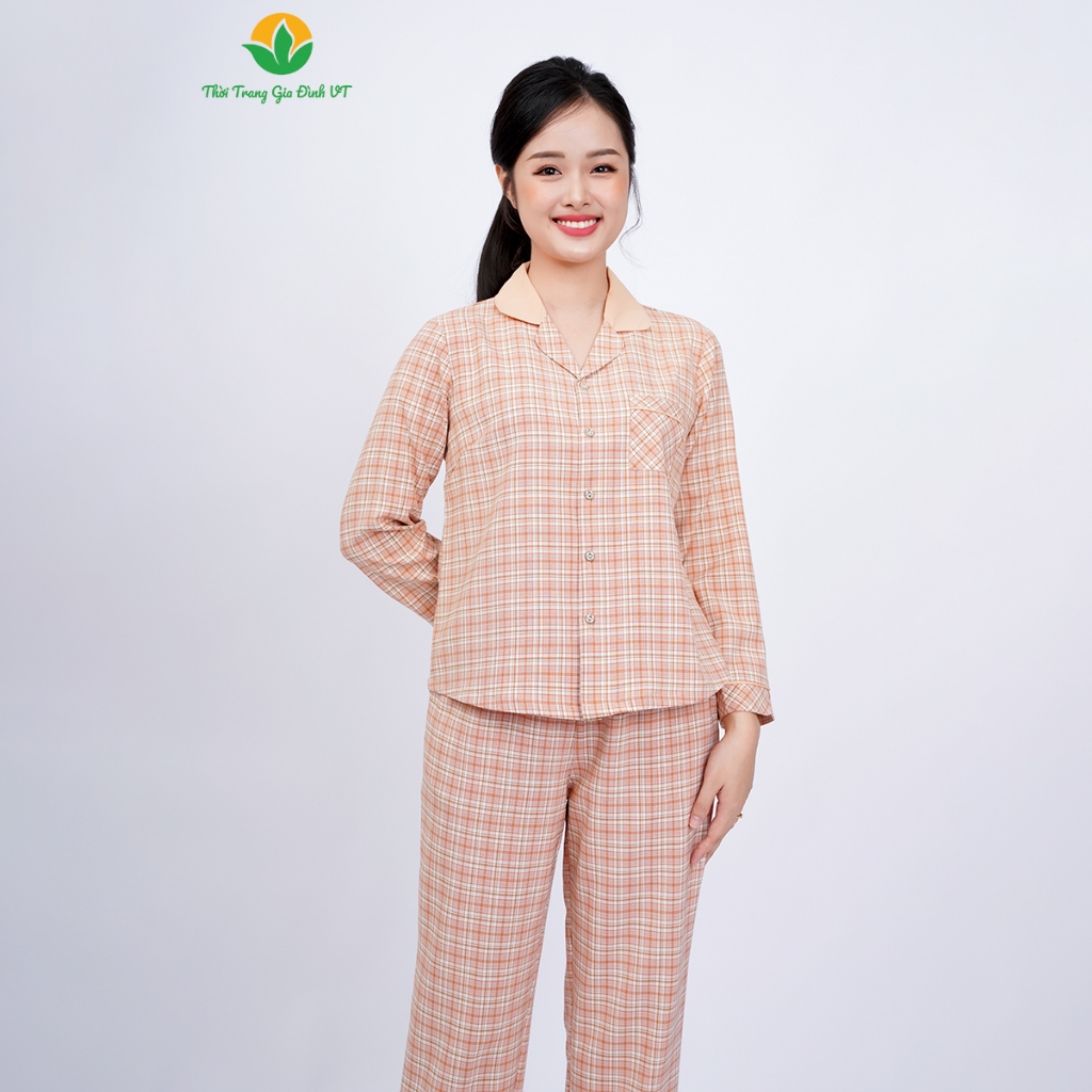 Bộ đồ mặc nhà Pijama nữ chất Poly thời trang Việt Thắng quần dài, áo dài tay cổ phối - B50.2326