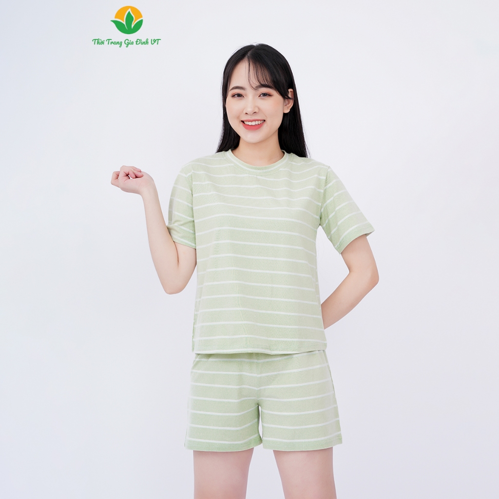 [Mã FATOP12 giảm 30K đơn 150K] Bộ mặc nhà nữ cotton kẻ sọc quần đùi, áo cộc tay thời trang gia đình VT B43.2307