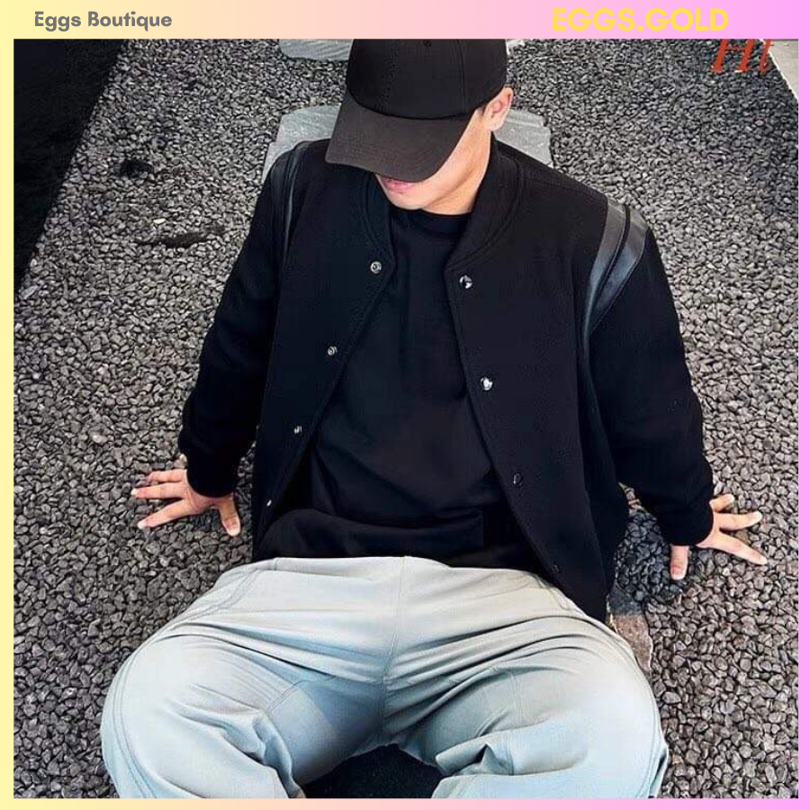 Áo khoác bomber nam chất dạ đẹp hoạ tiết kẻ viền vai phối da đẹp