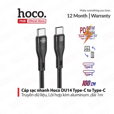 Cáp sạc nhanh PD60W Hoco DU14 Type-C to Type-C truyền dữ liệu cho Samsung/ip15,Lõi hợp kim aluminum,dài 1M