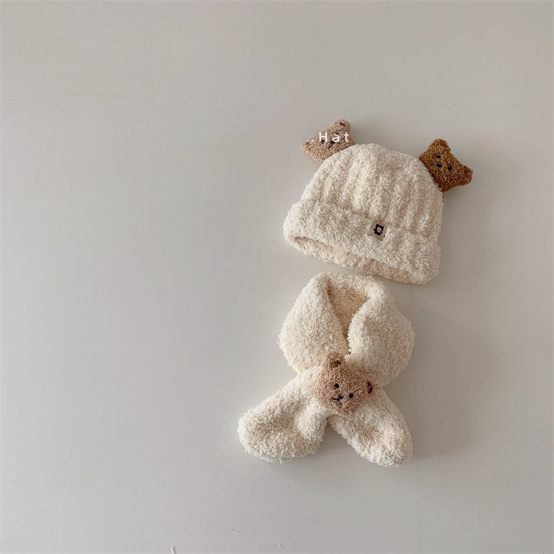 Combo mũ + khăn len lông cừu đính mặt gấu cho bé trai bé gái phong cách Hàn