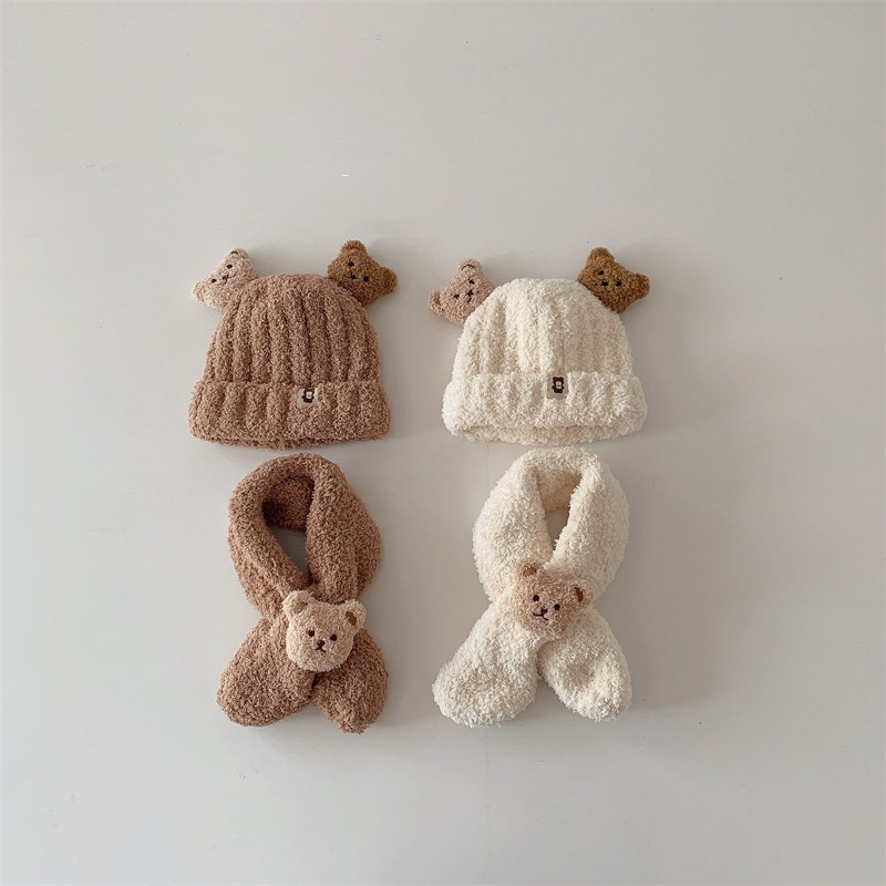 Combo mũ + khăn len lông cừu đính mặt gấu cho bé trai bé gái phong cách Hàn