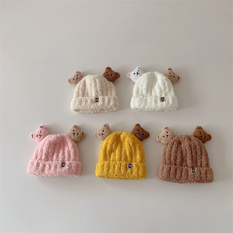 Combo mũ + khăn len lông cừu đính mặt gấu cho bé trai bé gái phong cách Hàn