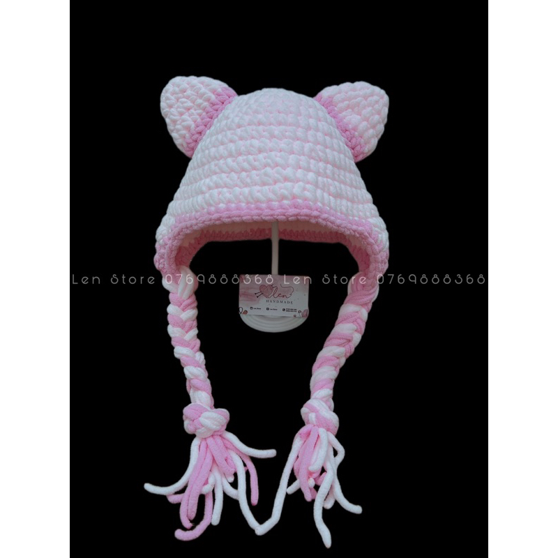 Mũ Len Tai Mèo 2 Bím Tóc Dễ Thương Bằng Len Bông Sữa - Phụ Kiện Thời Trang Handmade
