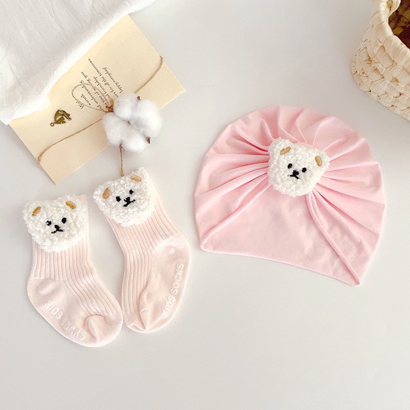 Set Mũ Turban Kèm Tất Cao Cổ hình Hoa - Gấu, Thỏ ChicBaby Có Chống Trơn Trượt Dễ Thương Cho Bé