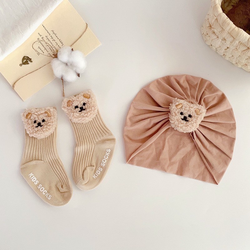Set Mũ Turban Kèm Tất Cao Cổ hình Hoa - Gấu, Thỏ ChicBaby Có Chống Trơn Trượt Dễ Thương Cho Bé