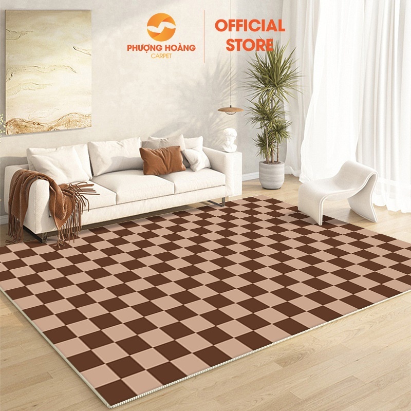 Tặng Thảm Lau Chân - Thảm Trải Sàn Bali Hoạ Tiết Kẻ Caro Nâu Phong Cách Hiện Đại Trải Phòng Khách, Phòng Ngủ Sang Trọng