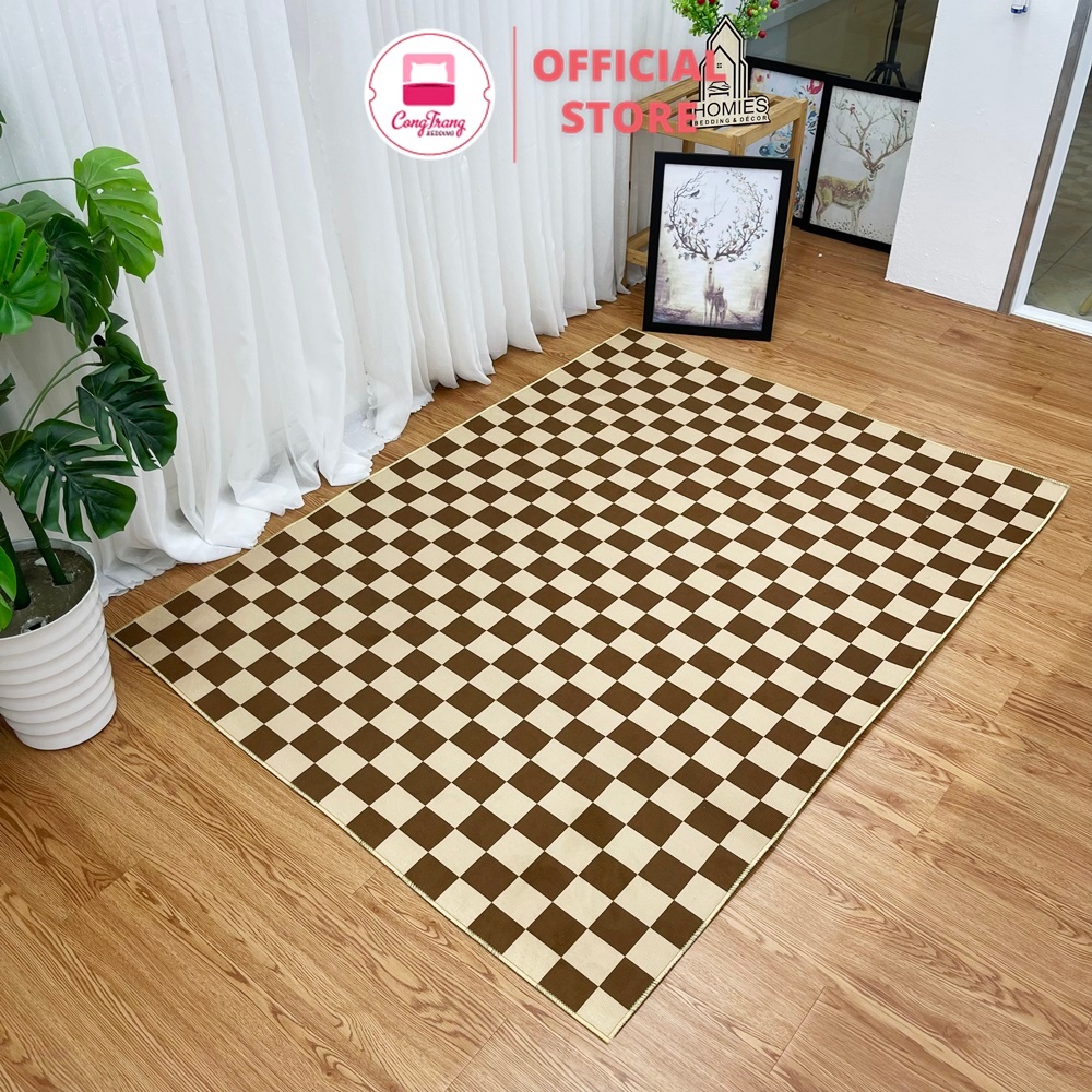 Tặng Thảm Lau Chân - Thảm Trải Sàn Bali Hoạ Tiết Kẻ Caro Nâu Phong Cách Hiện Đại Trải Phòng Khách, Phòng Ngủ Sang Trọng
