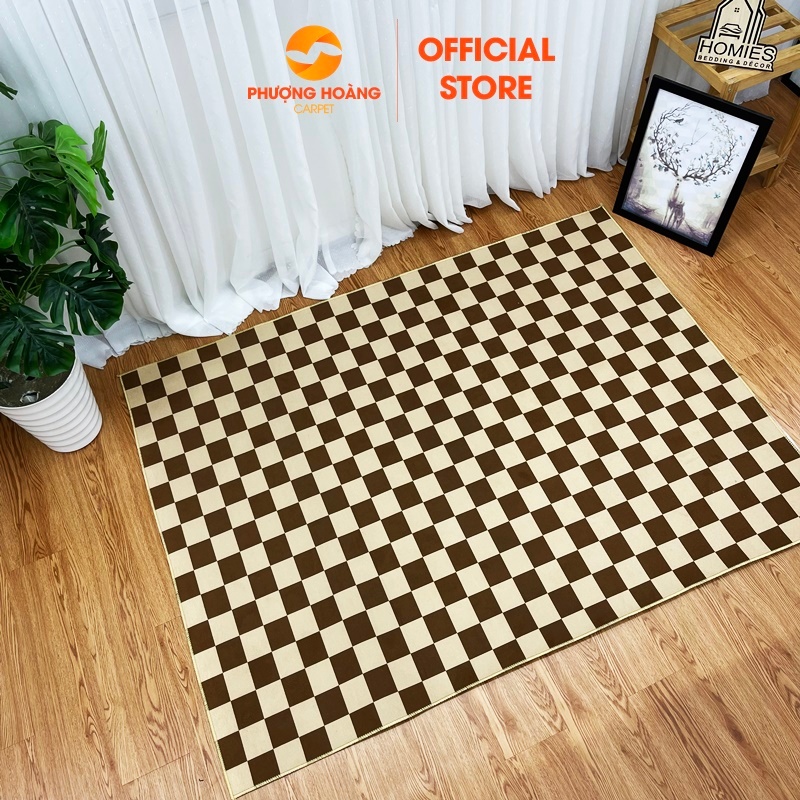Tặng Thảm Lau Chân - Thảm Trải Sàn Bali Hoạ Tiết Kẻ Caro Nâu Phong Cách Hiện Đại Trải Phòng Khách, Phòng Ngủ Sang Trọng