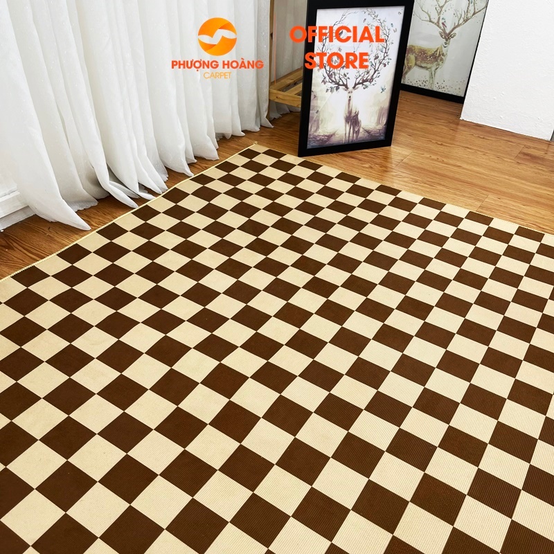 Tặng Thảm Lau Chân - Thảm Trải Sàn Bali Hoạ Tiết Kẻ Caro Nâu Phong Cách Hiện Đại Trải Phòng Khách, Phòng Ngủ Sang Trọng