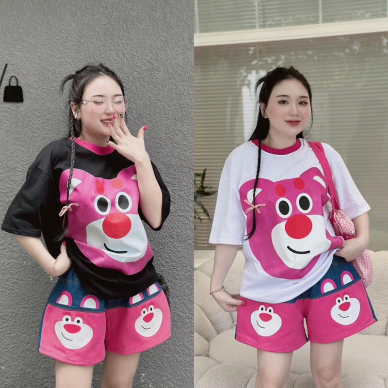 Set Bộ Đùi Gấu Dâu Áo Form Rộng Tay Ngắn In 3D Gấu Tai To + Quần Short Đùi
