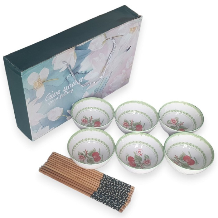 Bộ 6 Chén Hình Trái Cherry Kèm 6 Đũa Họa Tiết Xinh Xắn