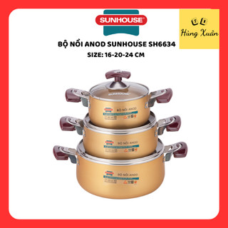  Bộ nồi Sunhouse Anod vàng cao cấp chống dính vung kính cường lực SH6634 dùng bếp ga bếp hồng ngoại 