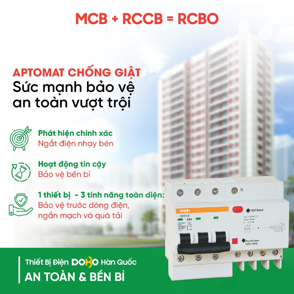 Cầu Dao Chống Giật  RCBO 3 Pha  380V RCBO DOBO KOREA siêu nhạy - 4.5kA 30mA