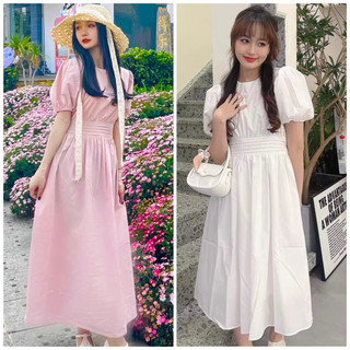 Đầm váy freesize cổ tròn xếp li eo 2 màu