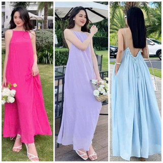 Đầm maxi cổ yếm khoéc sau 3 màu có gắn mút ngực