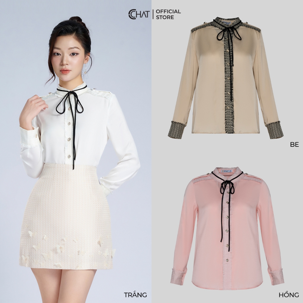 Áo Sơ Mi Nữ 𝐂𝐂𝐇𝐀𝐓 Kiểu Cổ Tàu Dáng Suông Chất Lụa Cao Cấp Mềm Mịn 23FDL8001ST