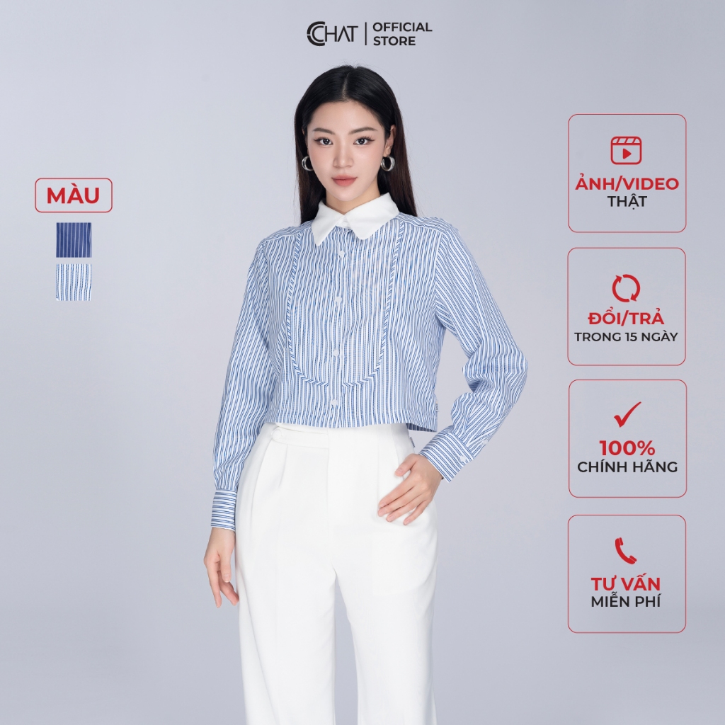 Áo Sơ Mi Nữ 𝐂𝐂𝐇𝐀𝐓 Dáng Suông Croptop Phối Cổ Chất Thô Cao Cấp 23FDT8004ST