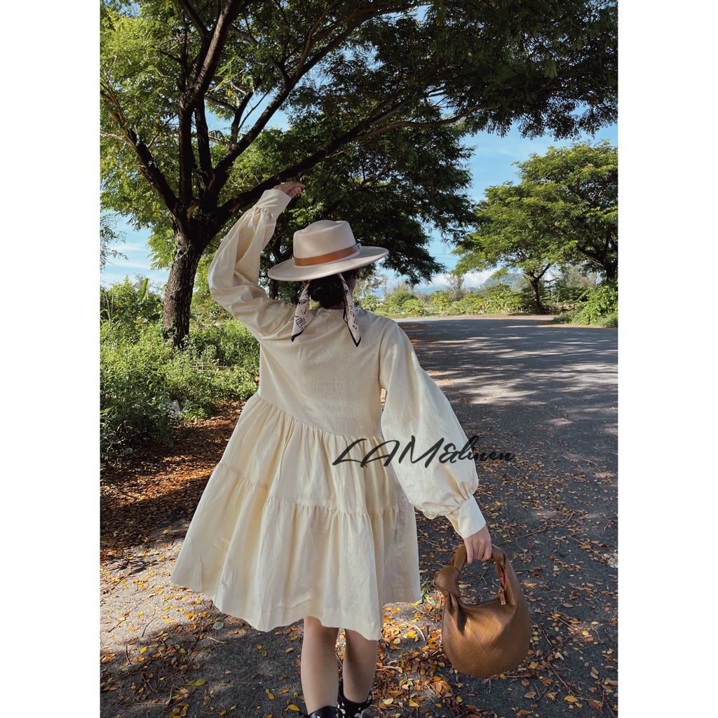 Đầm Babydoll ngắn xoè, tay phồng nút bọc, Linen cao cấp