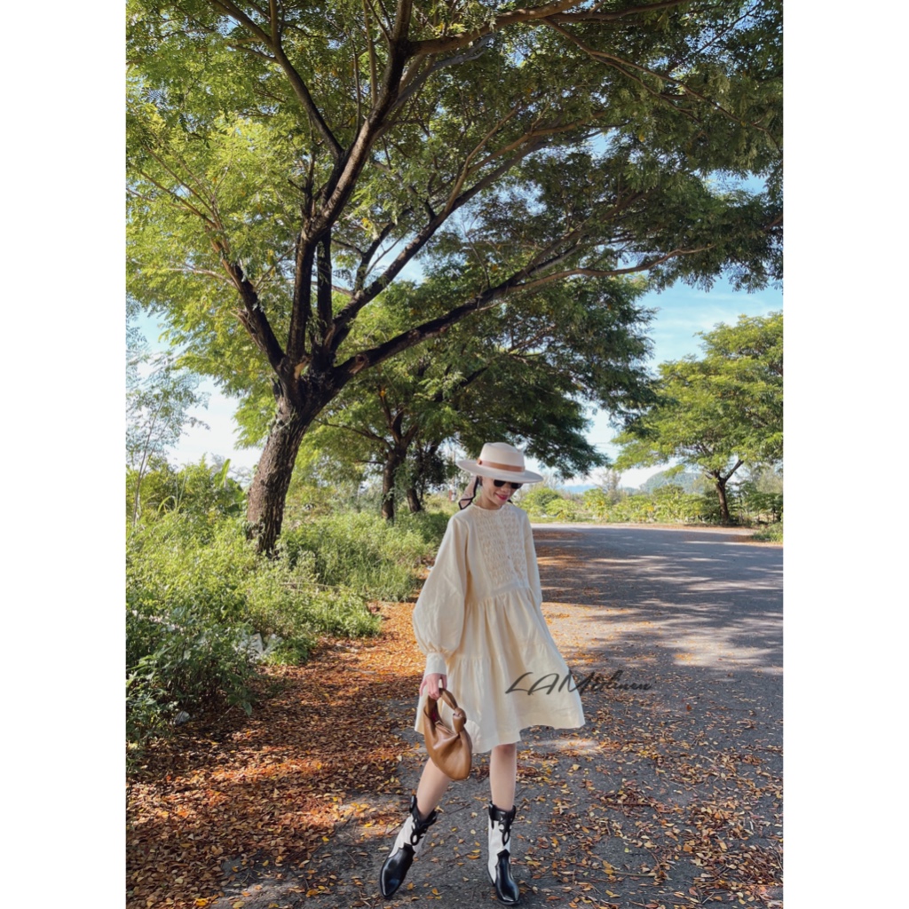 Đầm Babydoll ngắn xoè, tay phồng nút bọc, Linen cao cấp