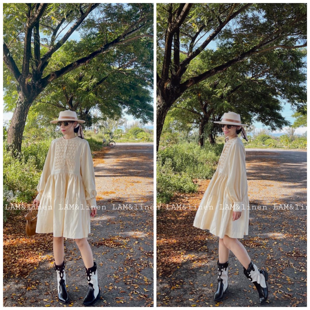 Đầm Babydoll ngắn xoè, tay phồng nút bọc, Linen cao cấp