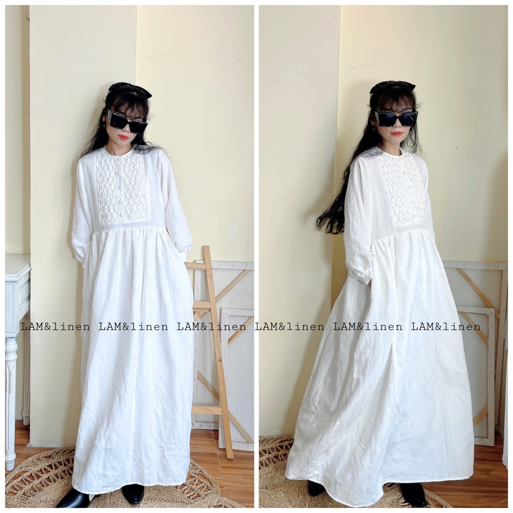 Đầm Babydoll dáng dài phủ chân, phong cách vintage- Linen cao cấp