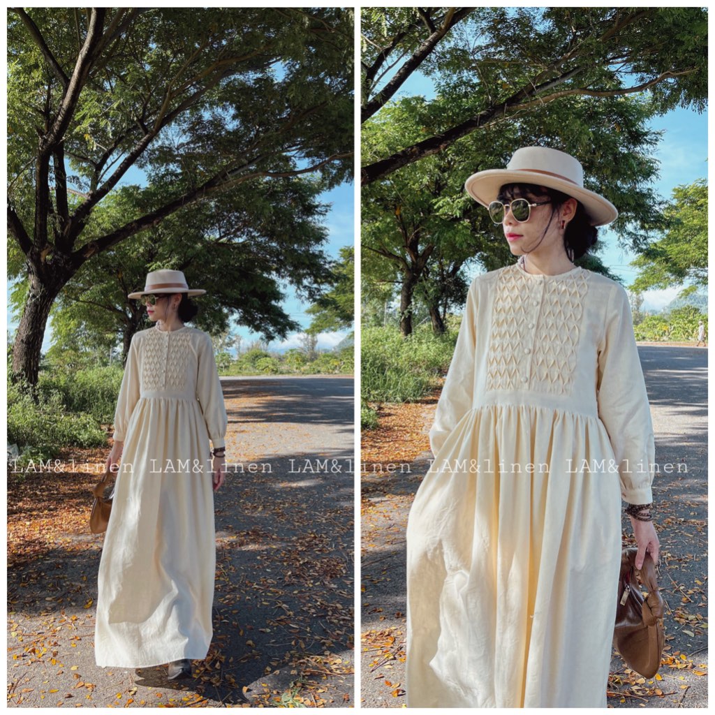 Đầm Babydoll dáng dài phủ chân, phong cách vintage- Linen cao cấp