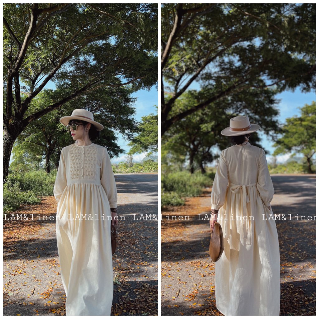 Đầm Babydoll dáng dài phủ chân, phong cách vintage- Linen cao cấp