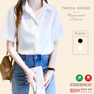 Áo sơ mi công sở nữ trắng, đen săn tay ngắn giấu nút THOCA HOUSE vải lụa thoải mái, mát mẻ
